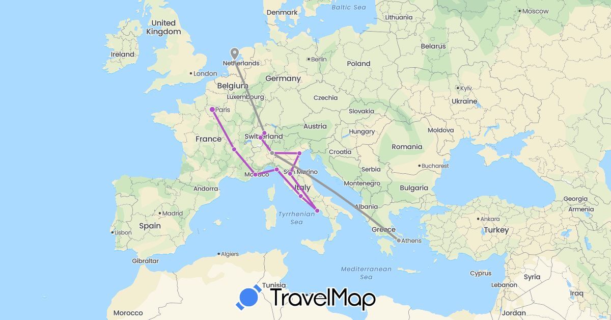 TravelMap itinerary: driving, plane, train in Switzerland, France, Greece, Italy, Netherlands (Europe)